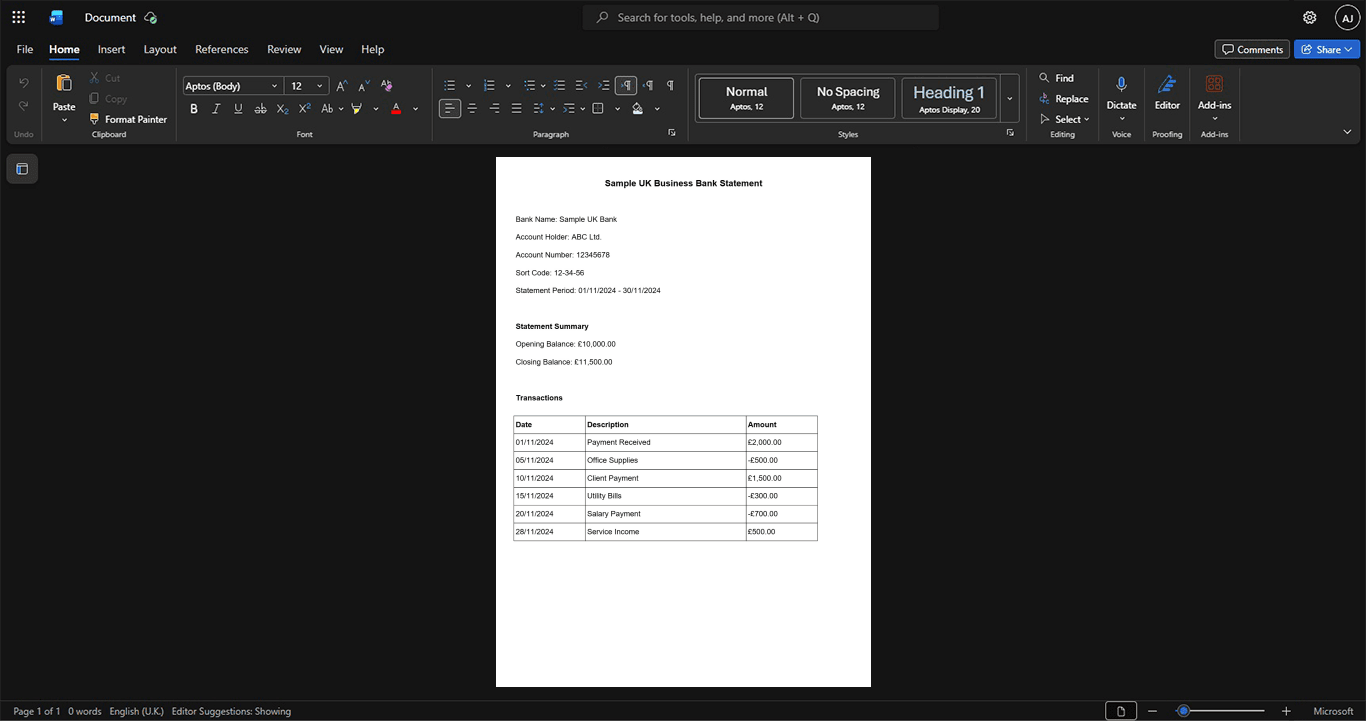 UK Sample UK Bank Business Account Statement Template, Customizable document in Word and PDF format
