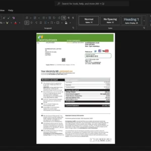 UK ScottishPower Electricity Bill Template, Print-ready template in Word and PDF