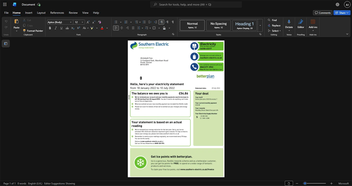 UK Southern Electric Electricity Bill Template, High-quality design in Word and PDF format
