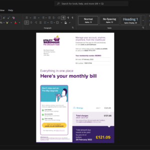 UK Utility Warehouse Electricity Bill Template, Print-ready template in Word and PDF
