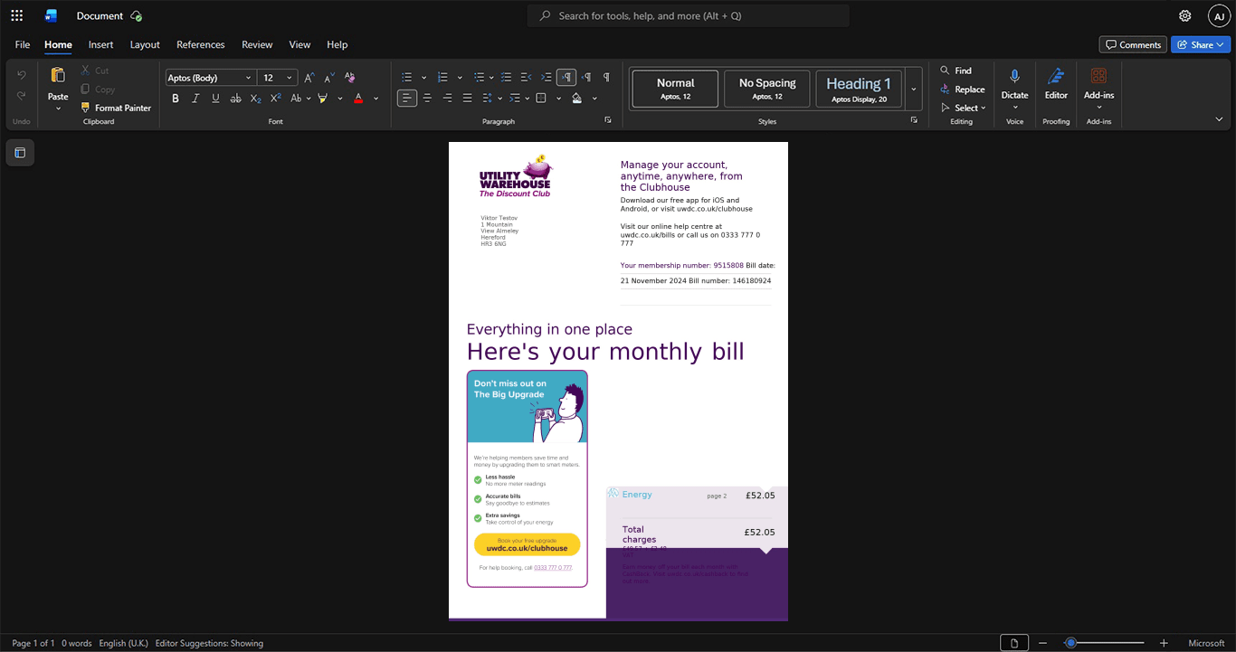 UK Utility Warehouse Electricity Bill Template, Blank template in Word and PDF format