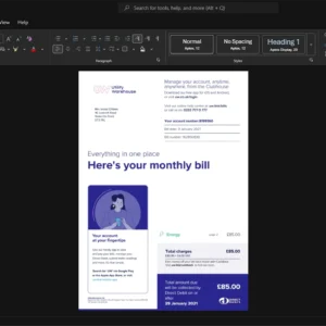 UK Utility Warehouse Generic Utility Bill Template, printable document in Word and PDF format