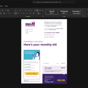 UK Utility Warehouse Limited Electricity Bill Template, Corporate style document in Word and PDF formats