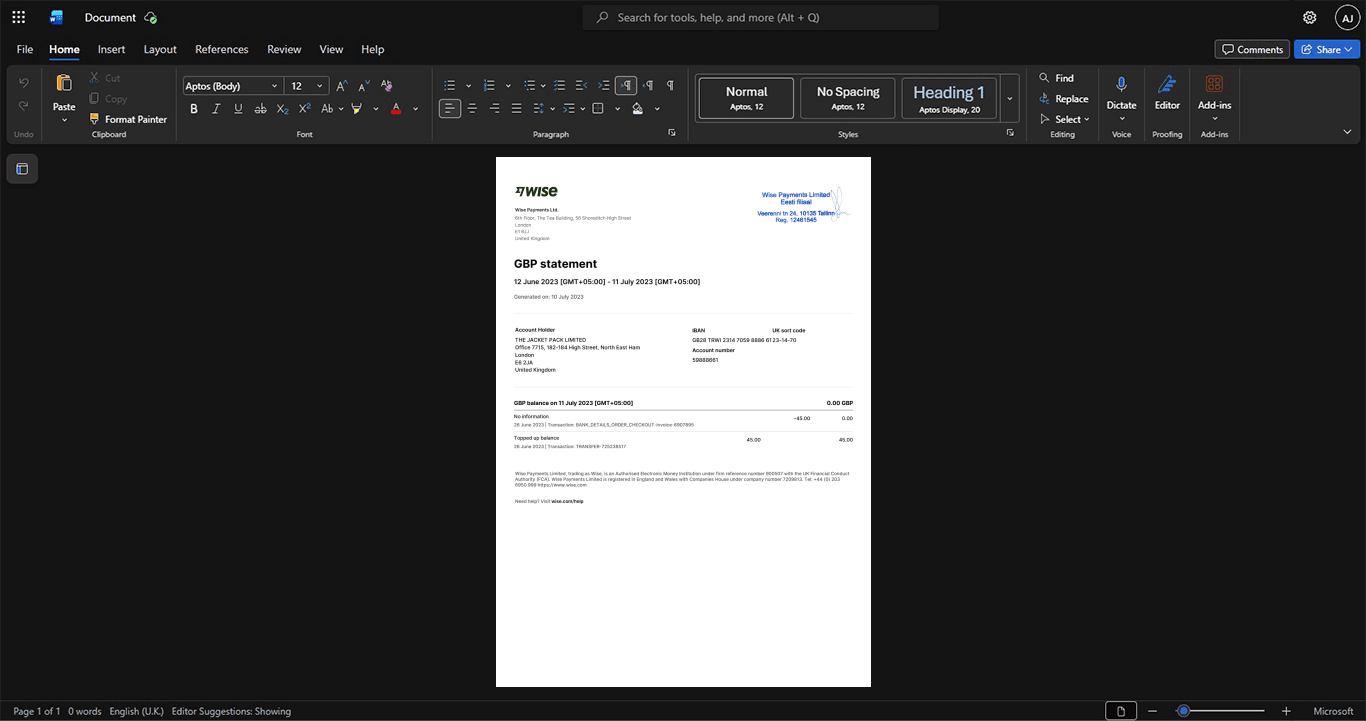 UK Wise Payments Ltd Bank Statement Template, Standard layout in DOCX and PDF