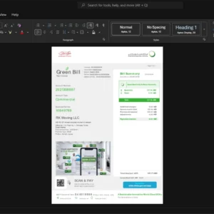 United Arab Emirates Dubai Electricity and Water Authority DEWA Electricity Bill Template, Easily modifiable Word and PDF format