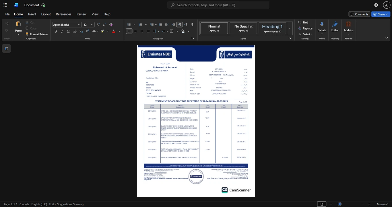 United Arab Emirates Emirates NBD Bank Statement Template, Professional document in Word and PDF format