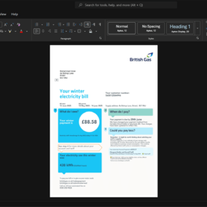 United Kingdom British Gas Electricity Bill Template, Customizable document in Word and PDF format
