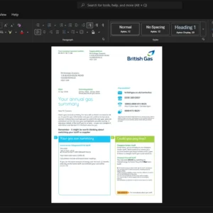 United Kingdom British Gas Gas Bill Template, Standard printable layout in Word and PDF