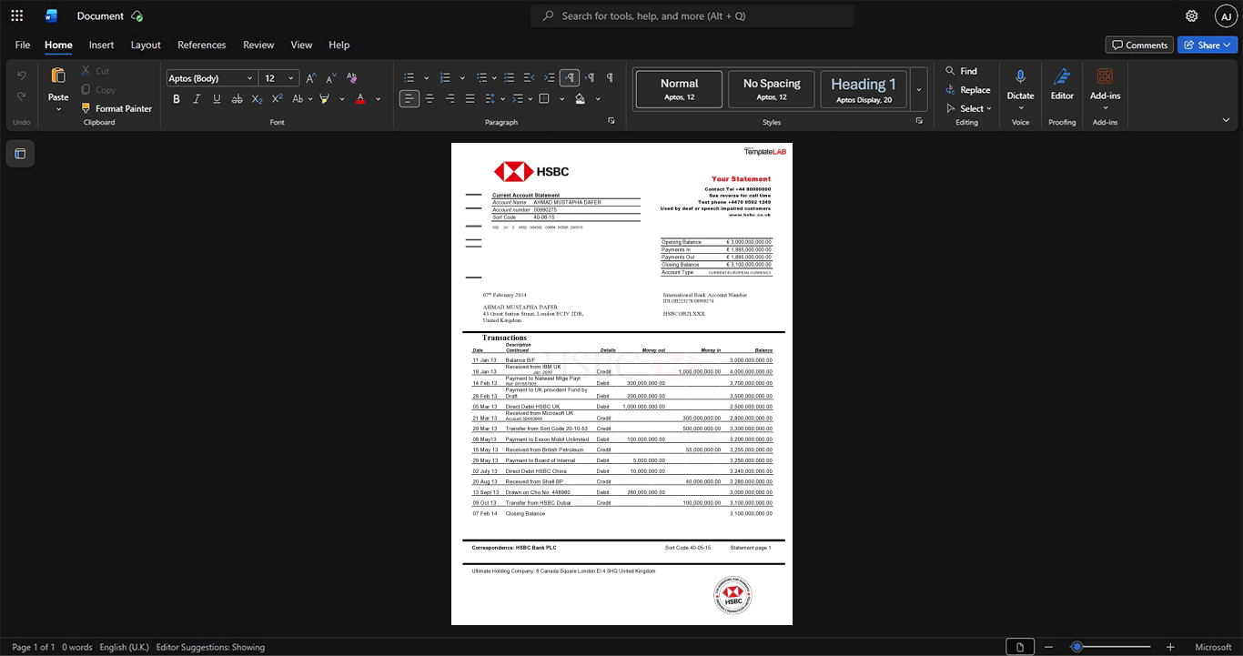 United Kingdom HSBC HSBC Bank Statement Template, Ready to print in Word and PDF format