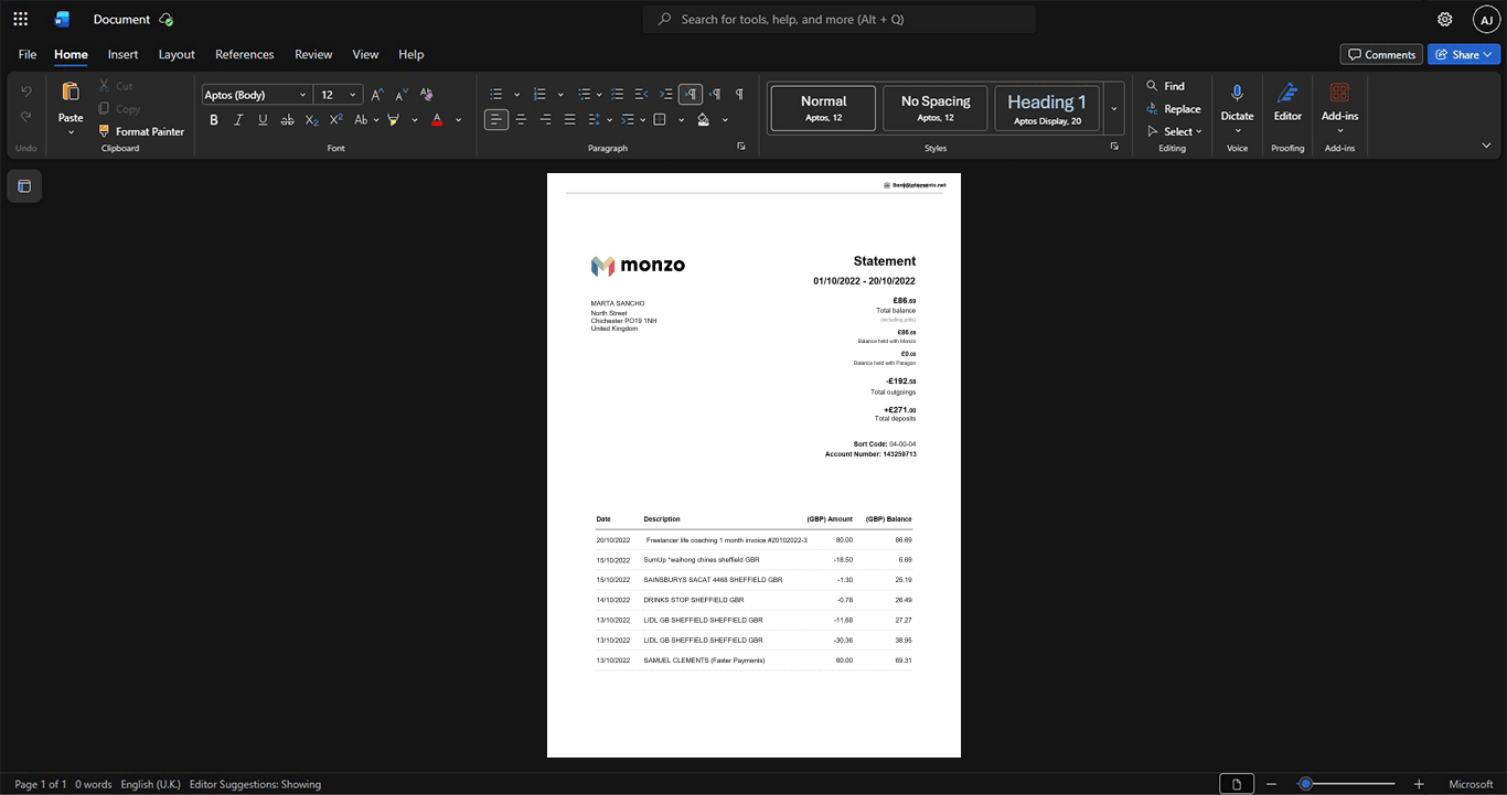 United Kingdom Monzo Bank Bank Statement Template, Standard printable layout in Word and PDF