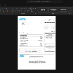 United Kingdom TalkTalk Business Direct Internet Bill Template, Corporate style document in Word and PDF formats