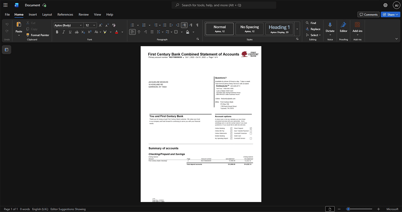 United States First Century Bank Bank Statement Template, Customizable layout available in Word and PDF