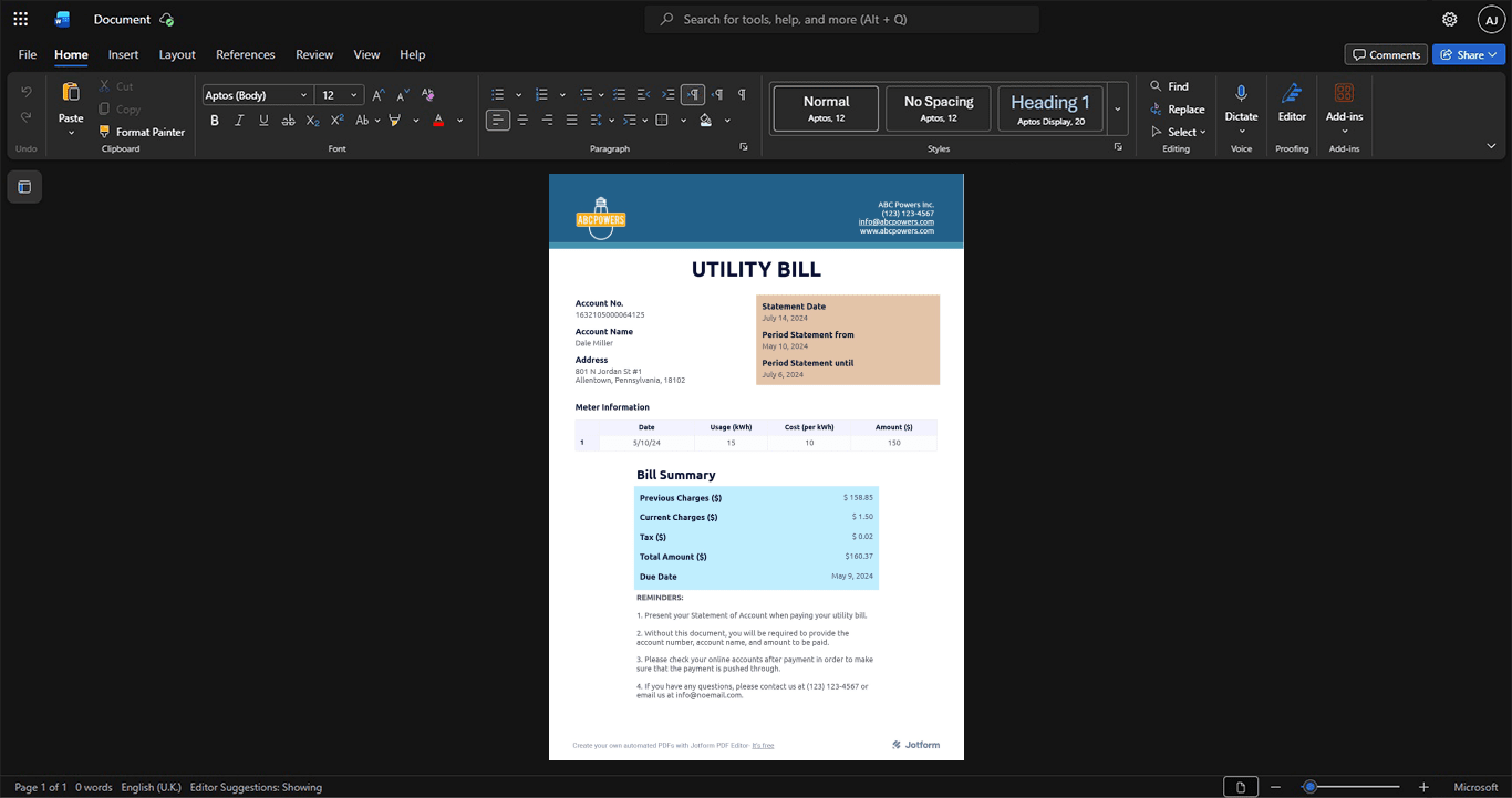 USA ABC Phones Inc Generic Utility Bill Template, Digital download template in Word and PDF