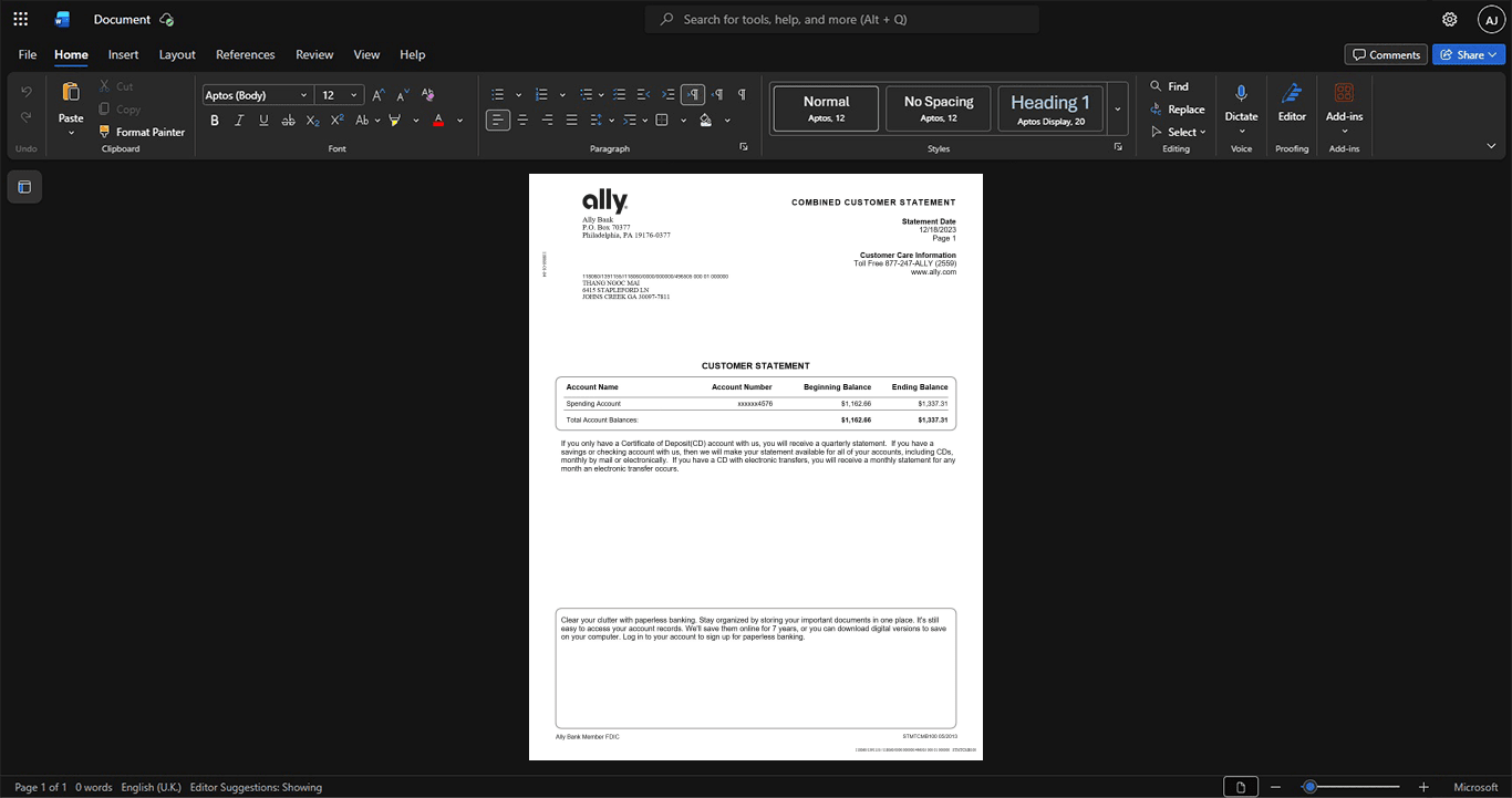 USA Ally Bank Bank Statement Template, printable document in Word and PDF format