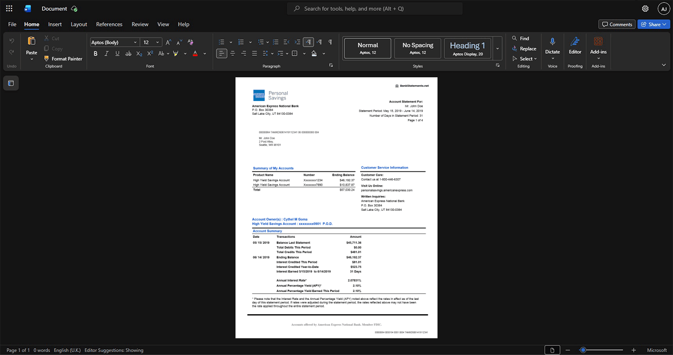 USA American Express Bank Statement Template, Customizable layout available in Word and PDF