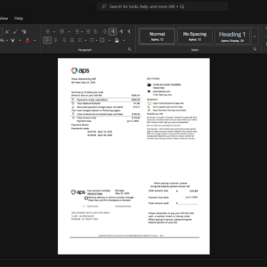 USA Arizona Public Service APS Electricity Bill Template, Fully structured template in Word and PDF format
