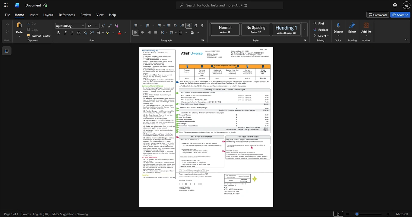 USA AT T AT T Internet Bill Template, Fully structured template in Word and PDF format