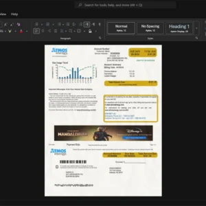 USA Atmos Energy Gas Bill Template, Customizable layout available in Word and PDF