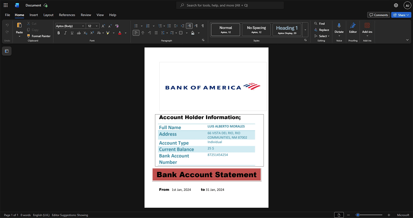 USA Bank of America Bank Statement Template, Print-ready in PDF layout