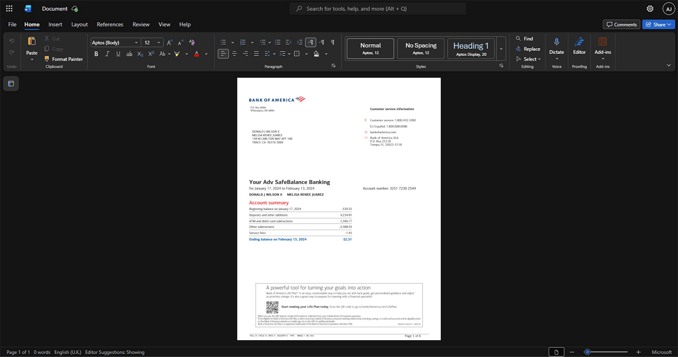 USA Bank of America Bank Statement Template, Standard layout in DOCX and PDF