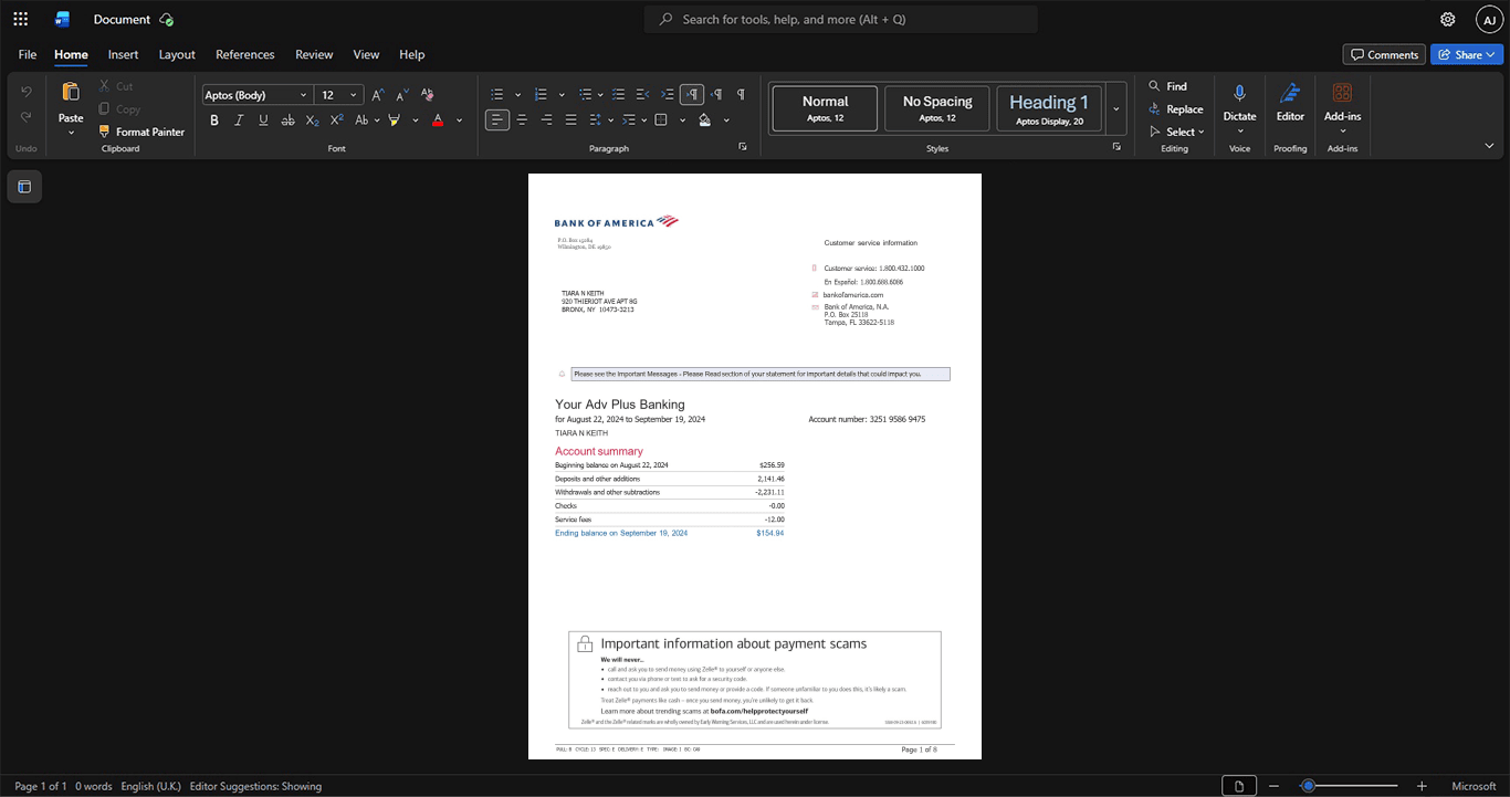 USA Bank of America Bank Statement Template, Print-ready in PDF layout