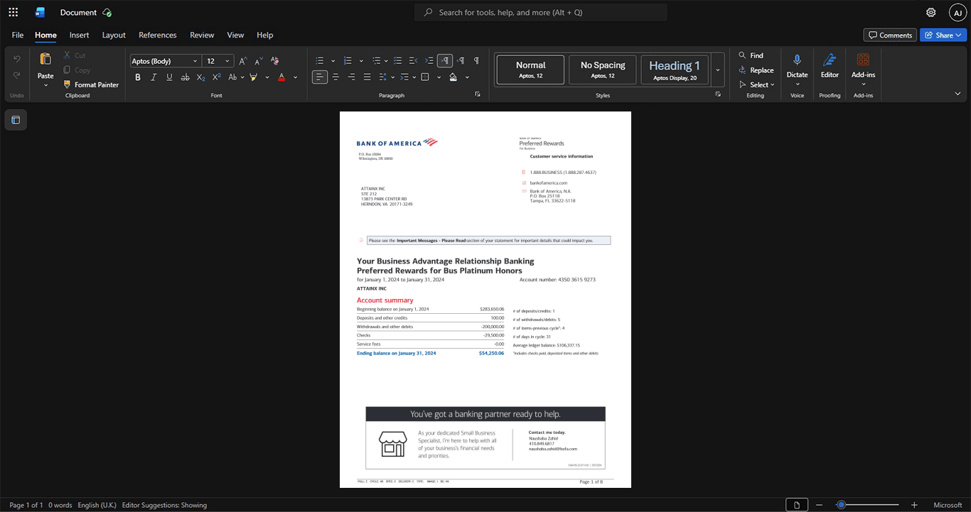USA Bank of America Bank Statement Template, Premium editable file in Word and PDF formats