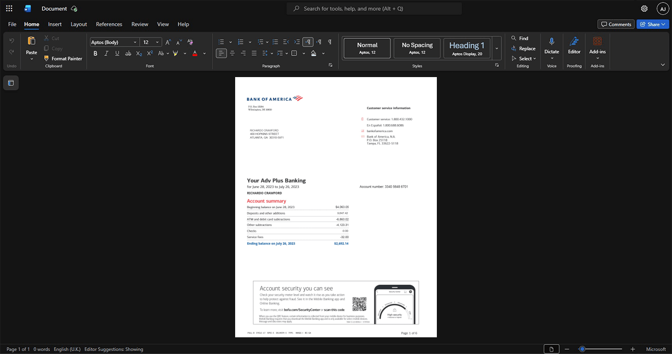 USA Bank of America Bank Statement Template, Blank template in Word and PDF format