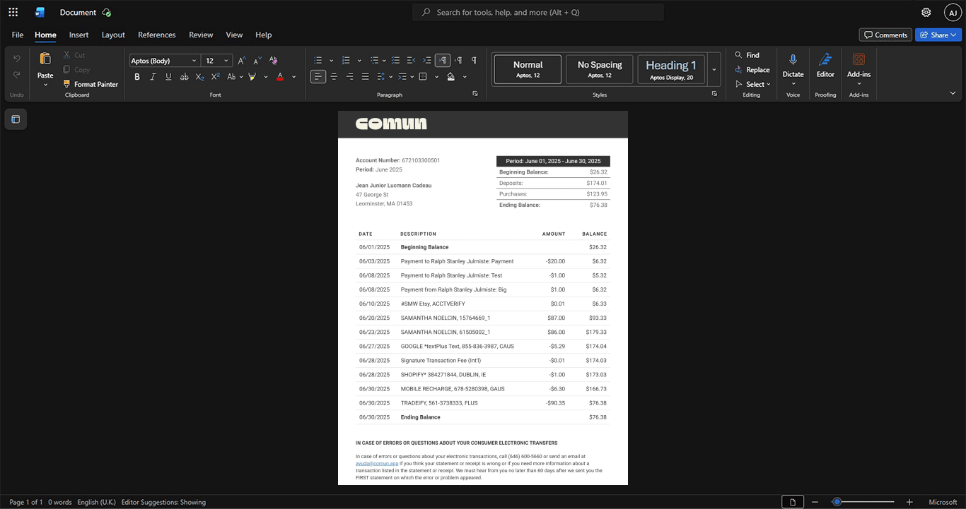 USA Bank of America BofA Bank Statement Template, Print-ready in PDF layout
