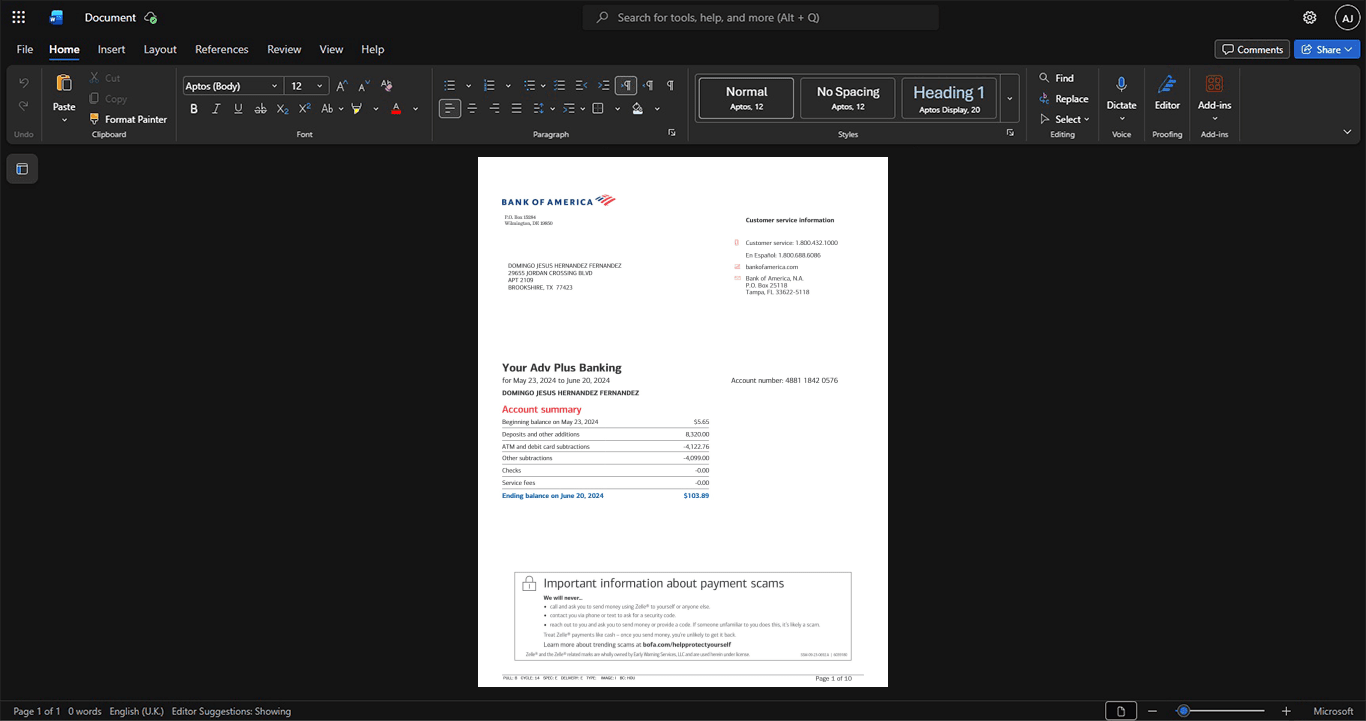 USA Bank of America BofA Bank Statement Template, Blank template in Word and PDF format