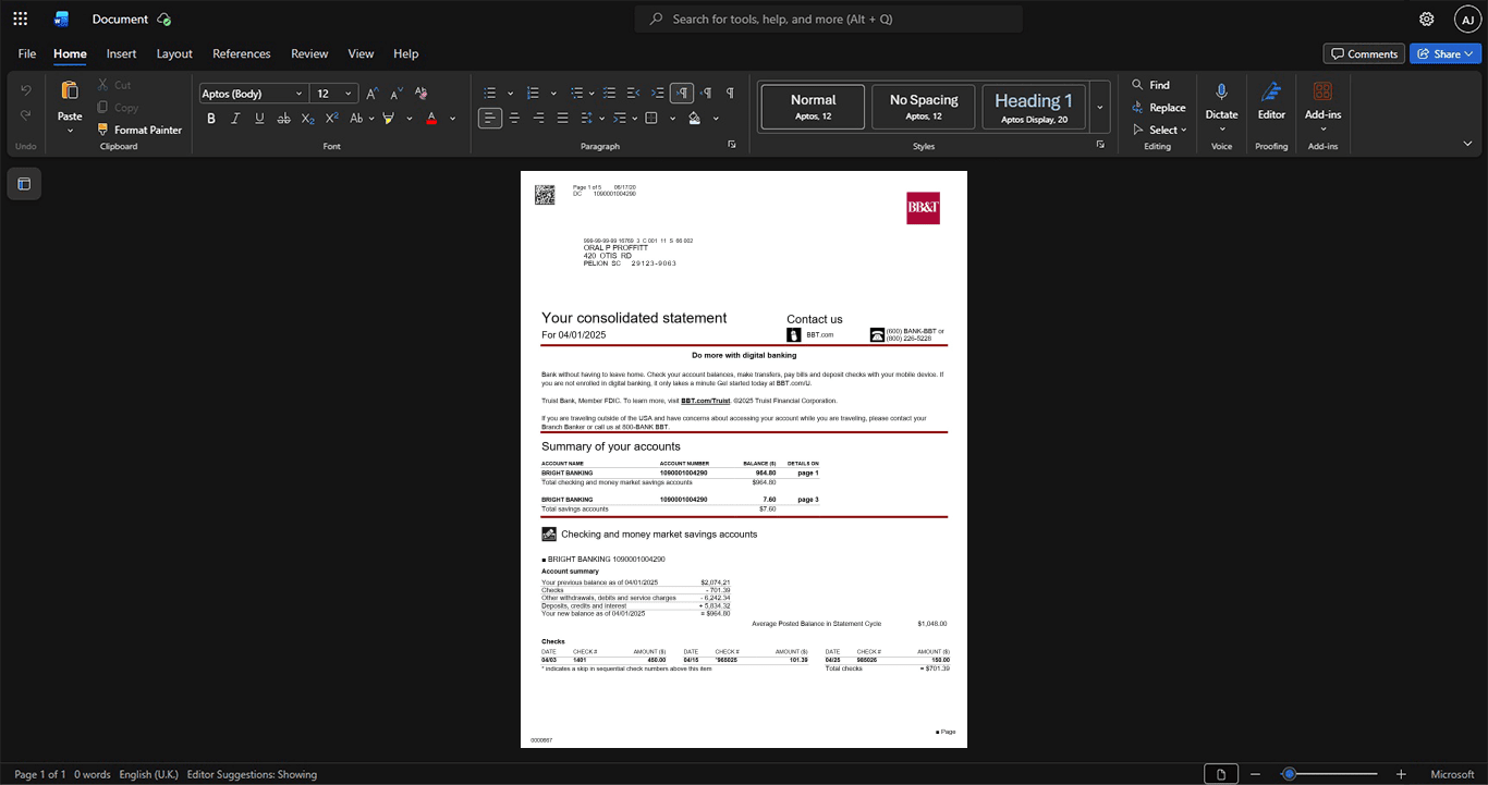USA BB T Bank Bank Statement Template, Available in editable Word and PDF format