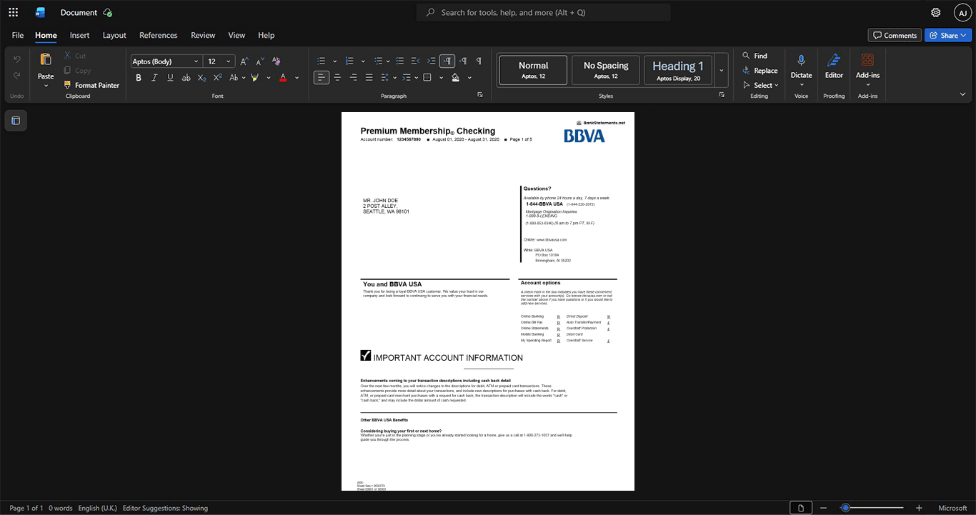 USA BBVA Bank Statement Template, Corporate style document in Word and PDF formats