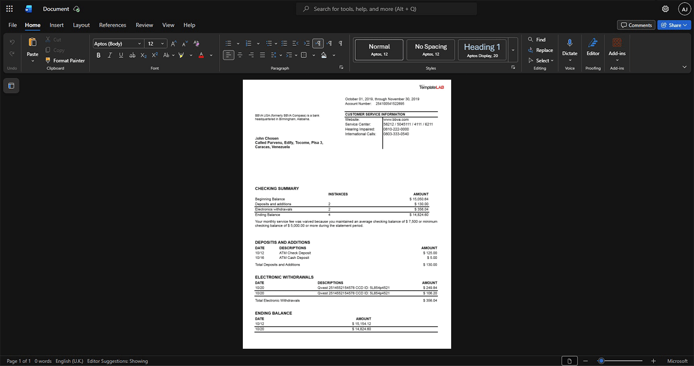 USA BBVA USA BBVA Bank Statement Template, Standard layout in DOCX and PDF