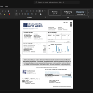 USA Birmingham Water Works Water Bill Template, Customizable document in Word and PDF format