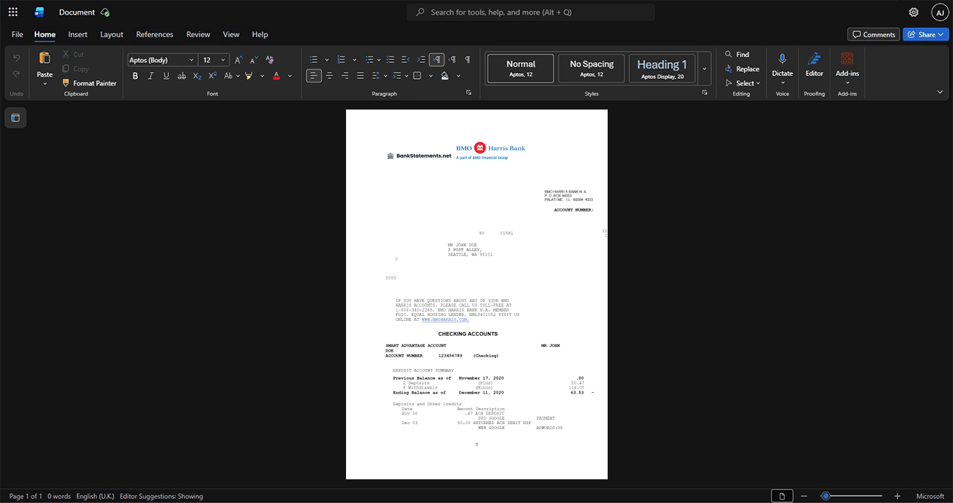 USA BMO Harris Bank Bank Statement Template, Standard printable layout in Word and PDF