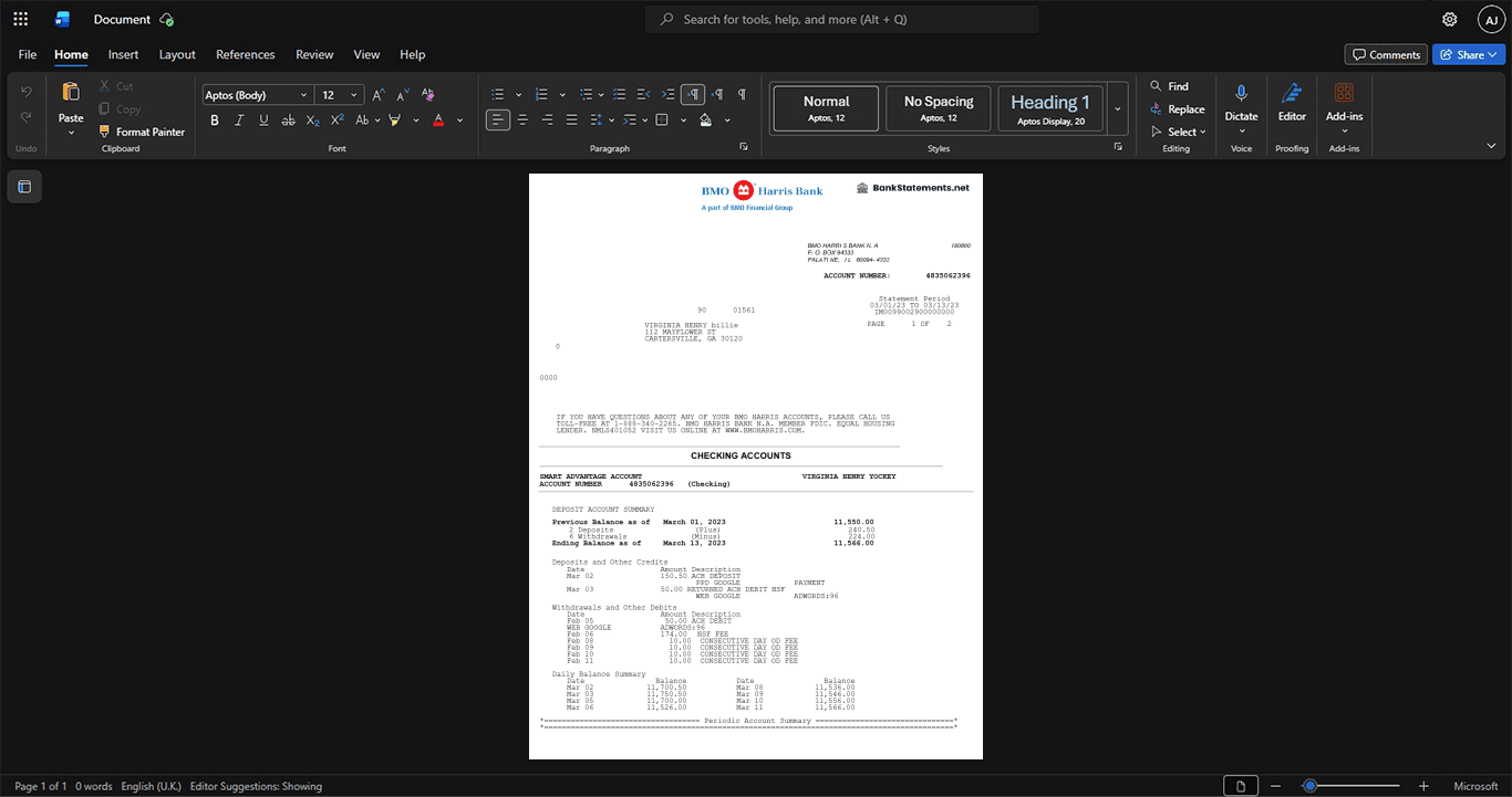 USA BMO Harris Bank Bank Statement Template, Easily modifiable Word and PDF format