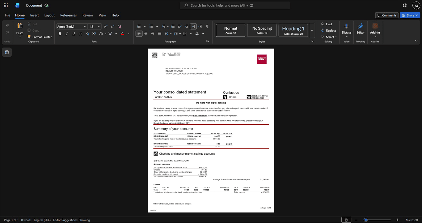 USA Branch Banking and Trust Company BBT Bank Statement Template, Standard layout in DOCX and PDF