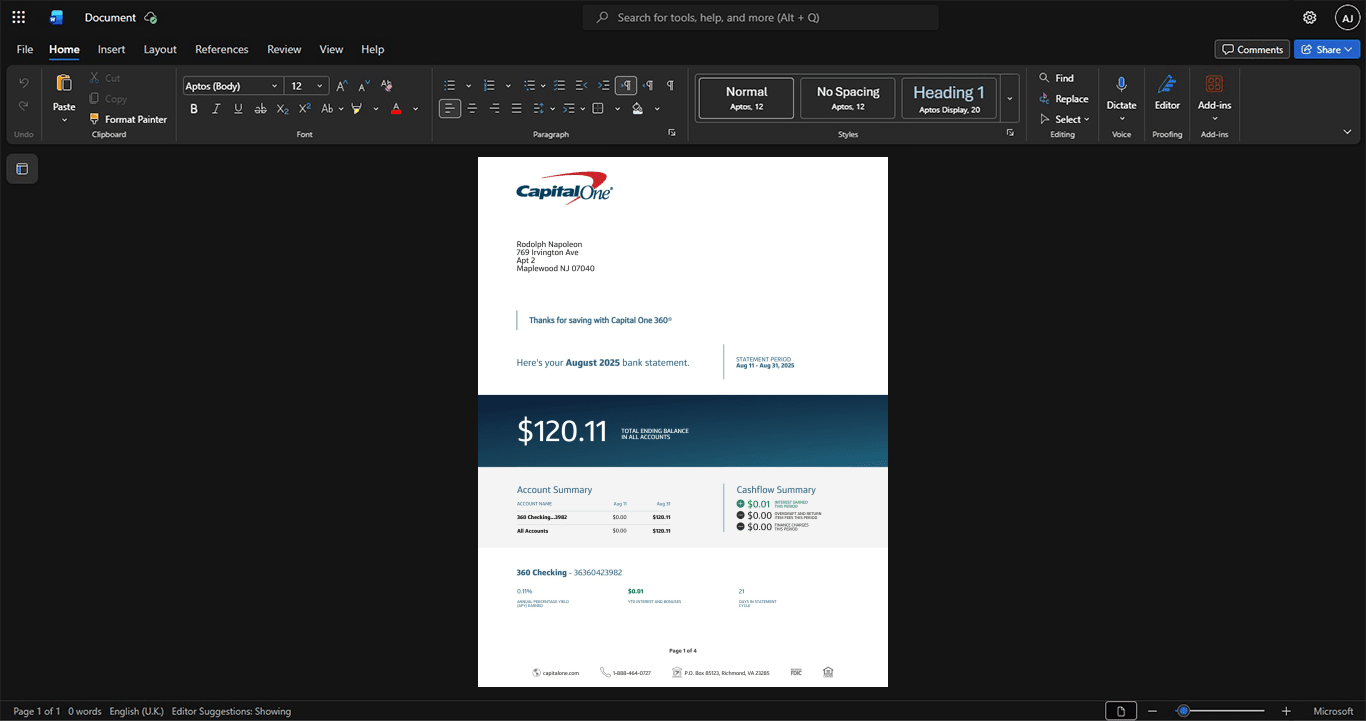 USA Capital One 360 Bank Statement Template, Print-ready in PDF layout