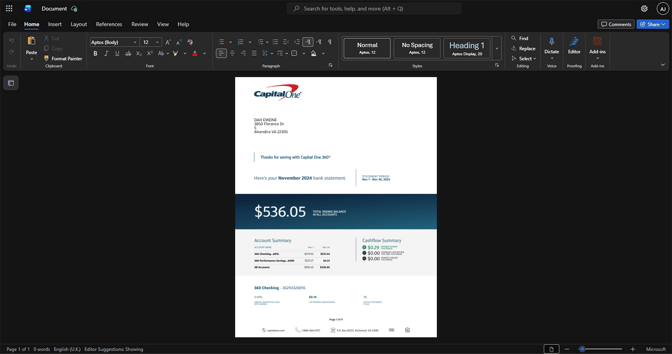 USA Capital One 360 Bank Statement Template, Standard layout in DOCX and PDF