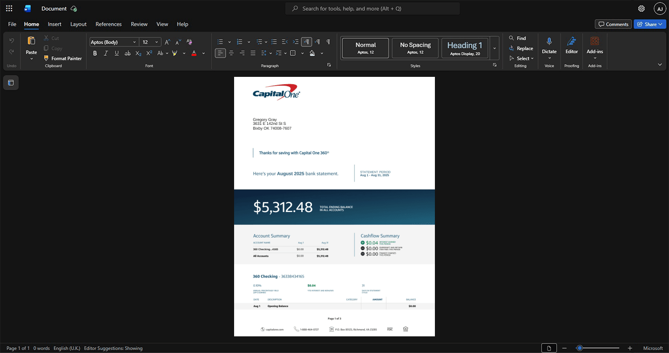 USA Capital One 360 Bank Statement Template, Standard layout in DOCX and PDF
