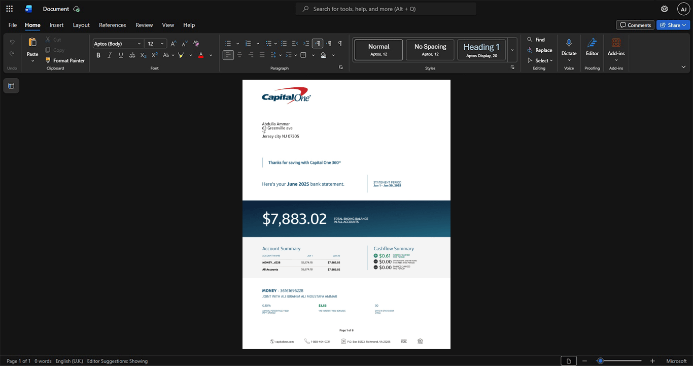 USA Capital One Bank Bank Statement Template, Available in editable Word and PDF format