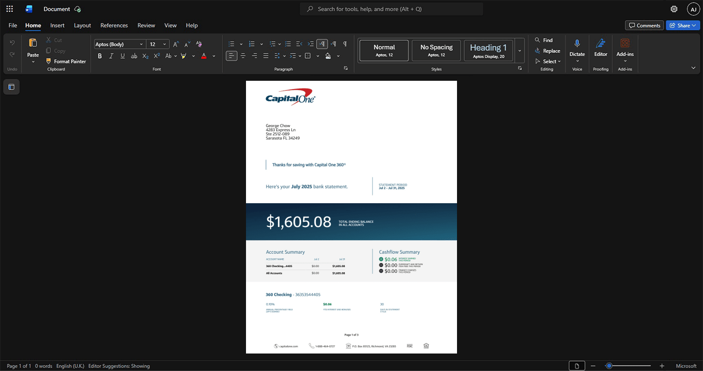 USA Capital One Bank Statement Template, Quick edit digital asset in Word and PDF