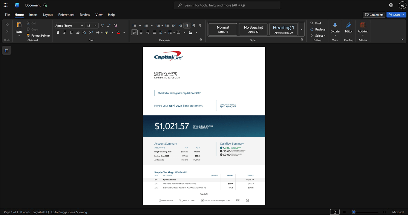USA Capital One Bank Statement Template, Corporate style document in Word and PDF formats