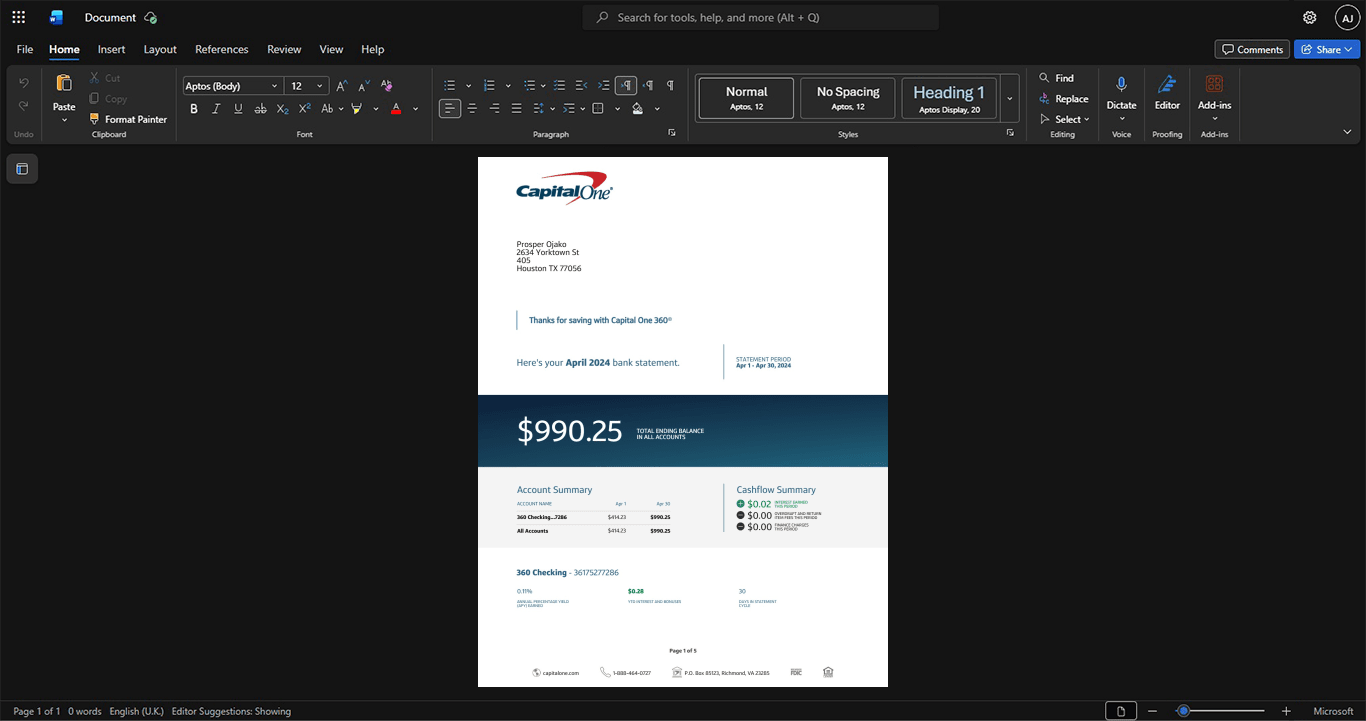 USA Capital One Bank Statement Template, Premium editable file in Word and PDF formats