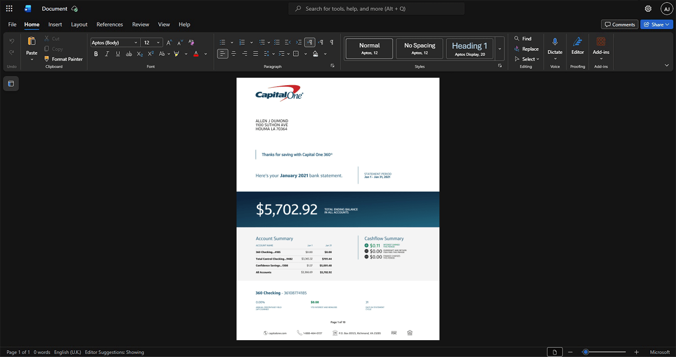 USA Capital One Bank Statement Template, Standard layout in DOCX and PDF