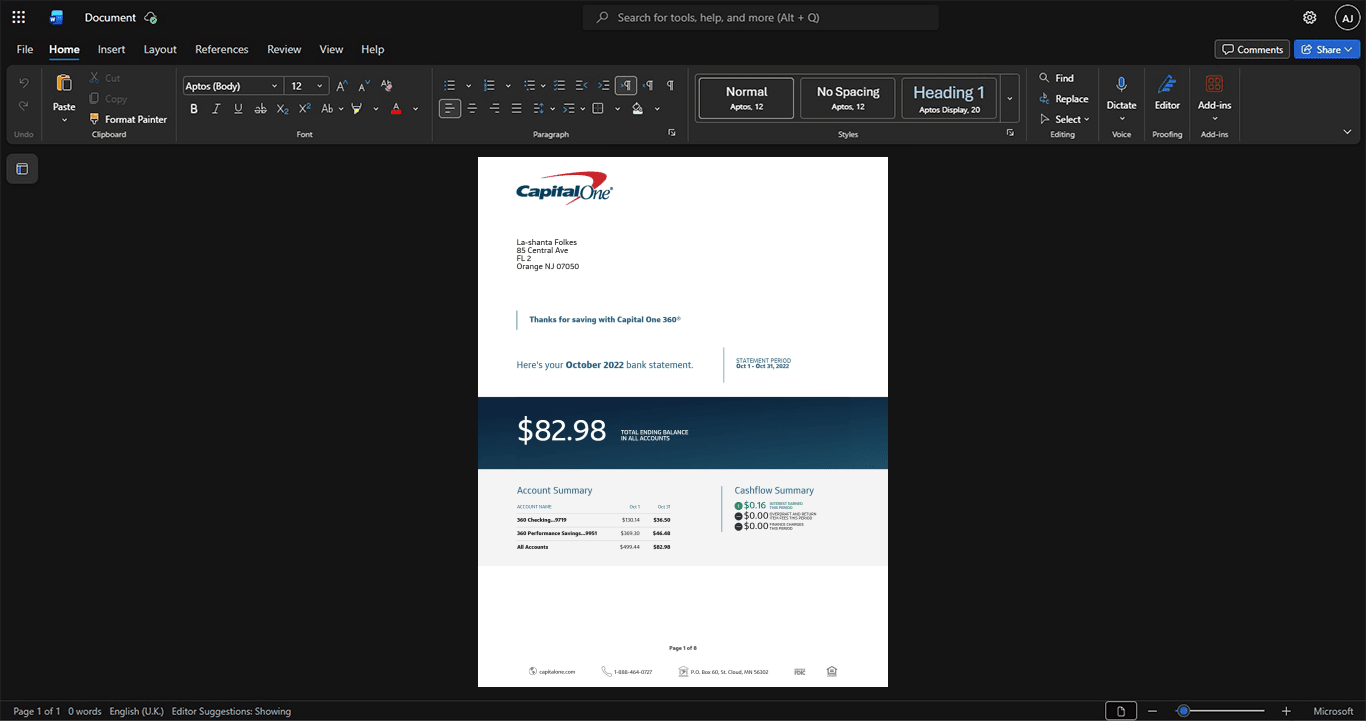 USA Capital One Bank Statement Template, High-quality template in Word and PDF format