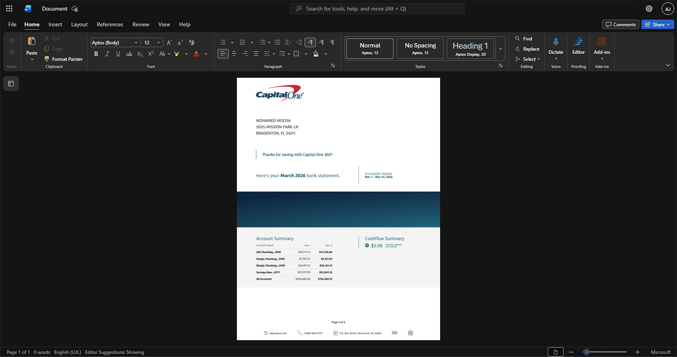 USA Capital One Bank Statement Template, High-quality template in Word and PDF format