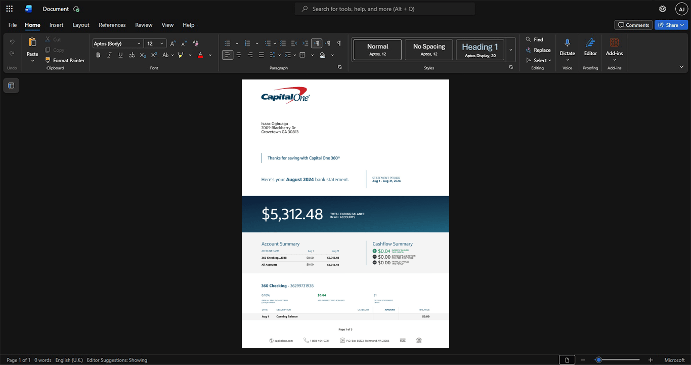 USA Capital One Financial Corporation Bank Statement Template, Available in editable Word and PDF format