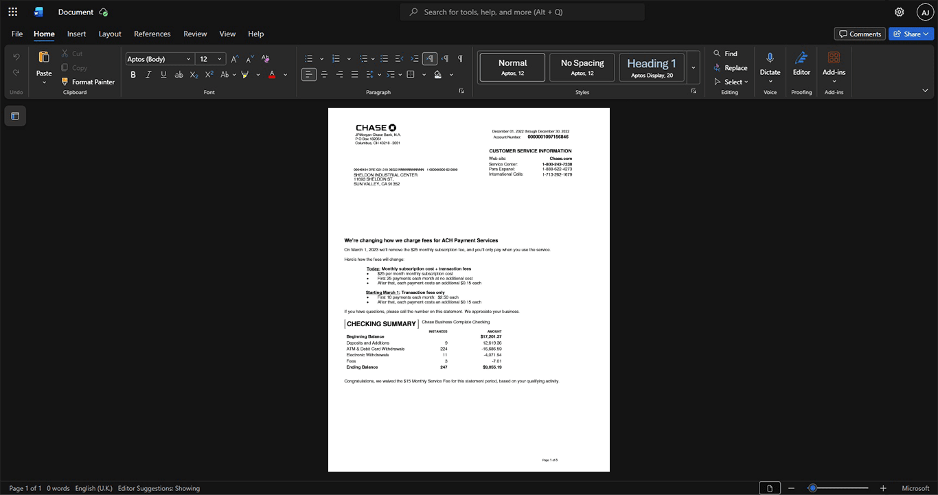 USA Chase Bank Bank Statement Template, Print-ready in PDF layout