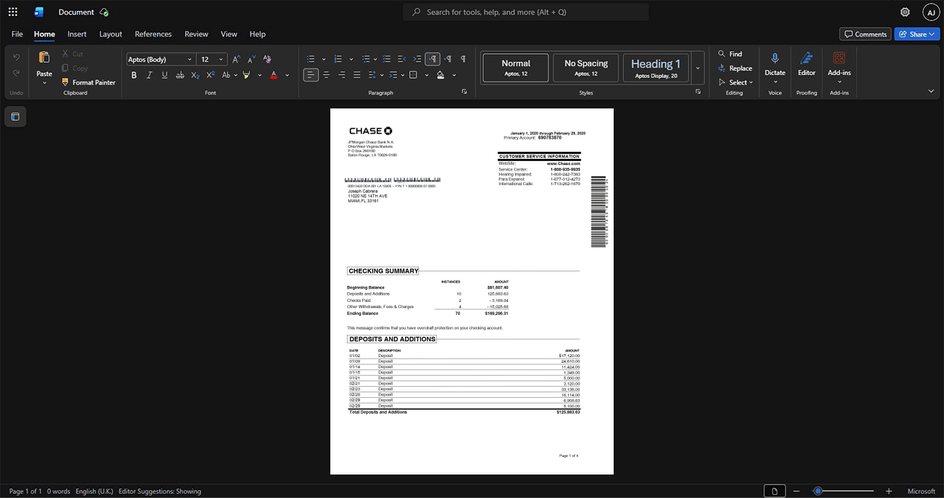 USA Chase Bank Bank Statement Template, Available in editable Word and PDF format