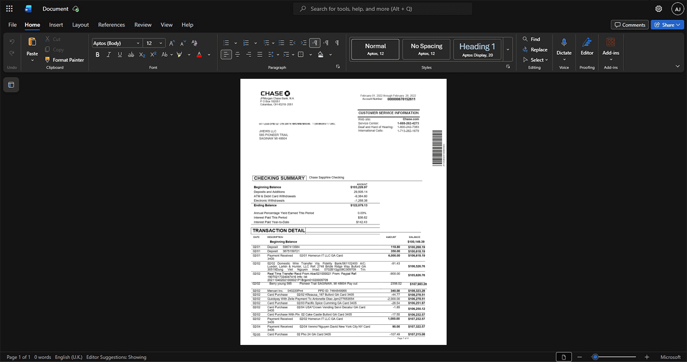 USA Chase Bank Business Account Statement Template, Fully structured template in Word and PDF format